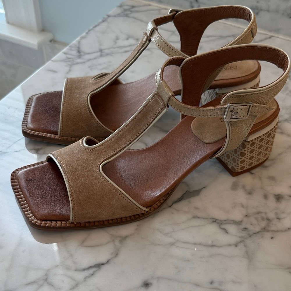 Beige Suede T-Strap Block Heel Sandals